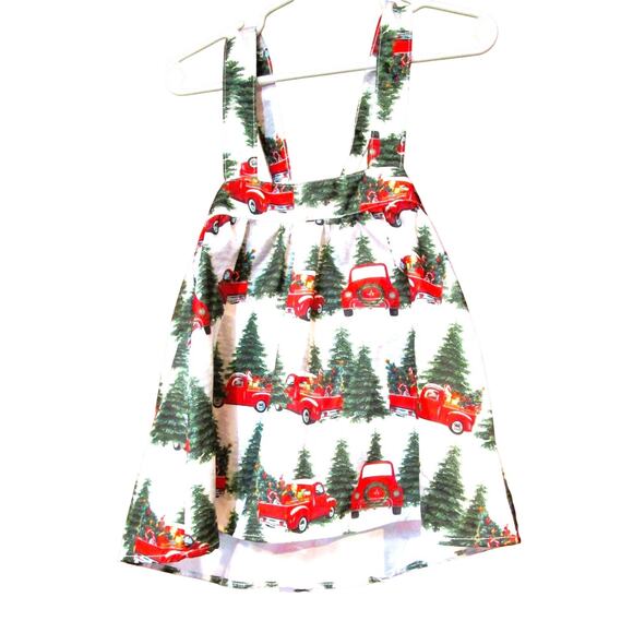 Handmade Girl's Jumper White with Christmas Trees Red Trucks Tieback Size 2T - Picture 1 of 3
